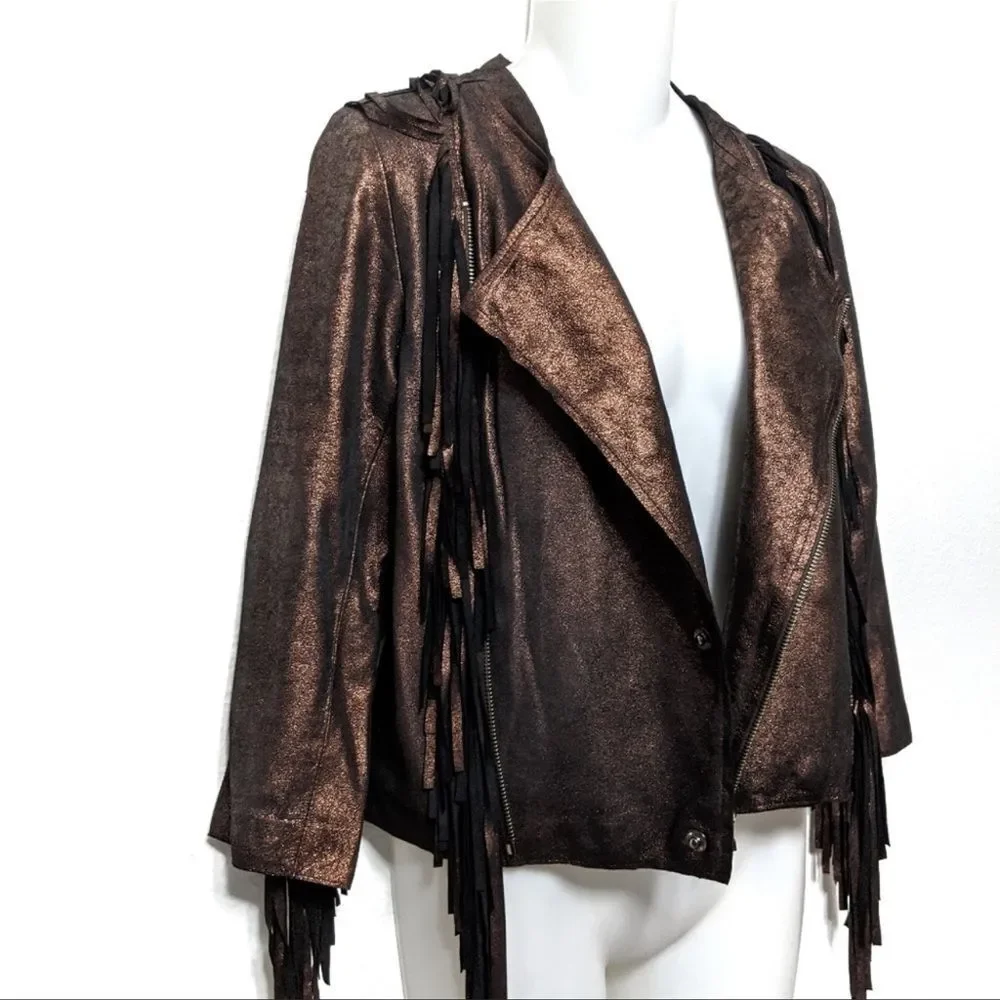 CLEOBELLA Everly Metallic Leather Fringe Jacket S - Picture 3 of 10
